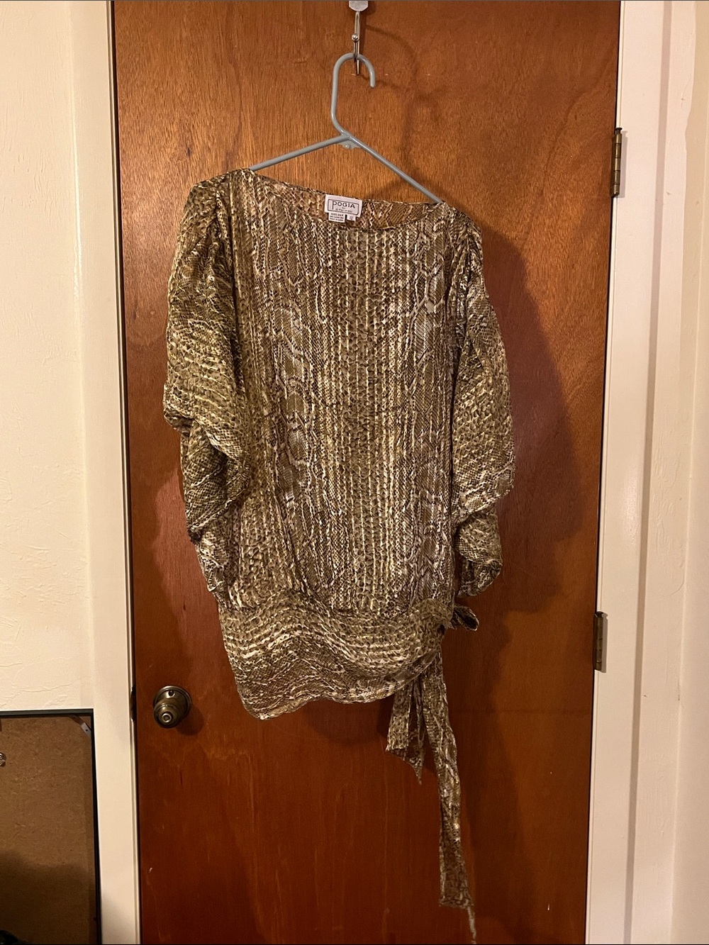 Vintage POGIA 100% Silk Gold Textured Tie Hem Blouse Size 12 Made in Korea '80s